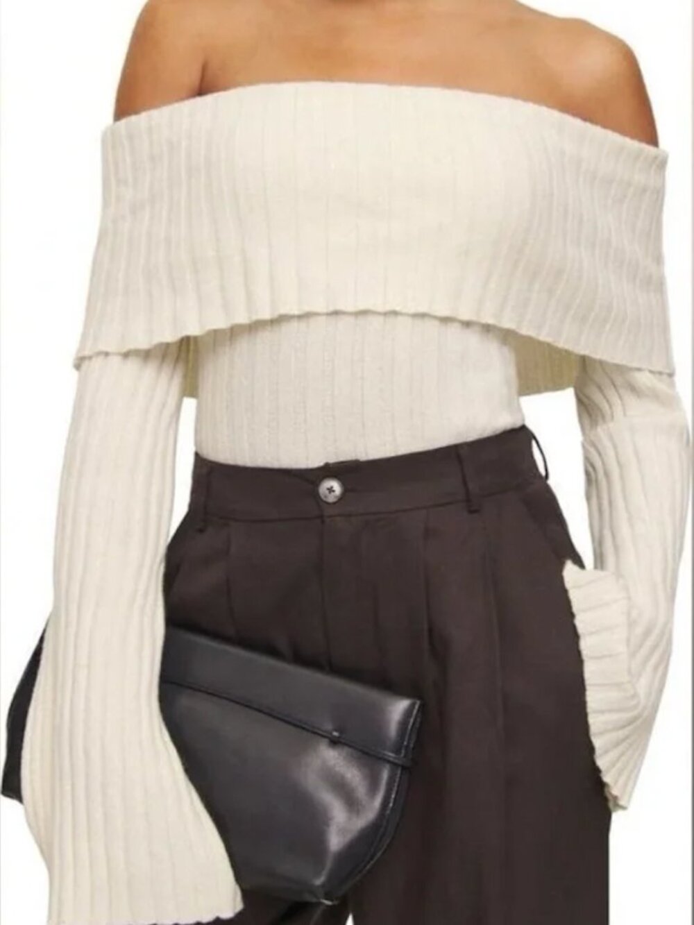 Reformation Lana ribbed off shoulder bell sleeve sweater in Gossamer cream